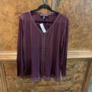 White House Black Market Long Sleeve Ball Chain V Neck Port Burgundy XL NWT